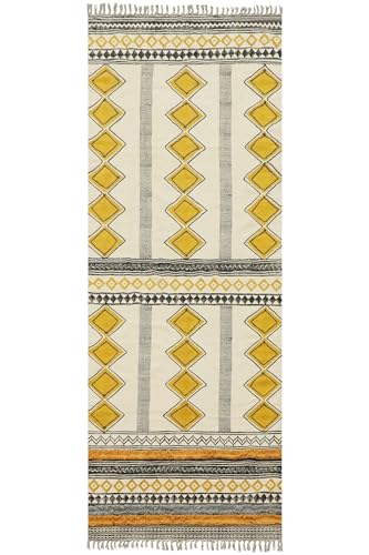 Wohnzimmer-Teppich, für Innen- und Außenbereich, 0,5 cm, geometrisches Design, goldfarben, beige, handgefertigt, Boho-Flachgewebe, leicht waschbar, handbedruckt, Baumwolle, Dhurrie für Schlafzimmer von CASAVANI