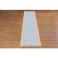 Braun-Blauer Flurläufer, Kelim-Baumwollteppich, Küchen-Esszimmerteppich, Handbedruckter Flächenteppich, Boho-Baum 3 X 10, 5 4 15 Fuß von CASAVANIHOMES