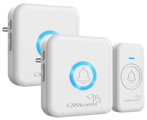 CASAcontrol Türklingel Funk: Funk-Klingel-Taster & 2 Steckdosen-Empfänger, 64 Melodien, IP56, weiß (Funkklingel mit Licht, Funkklingel mit optischem Signal, Steckdose) von CASAcontrol