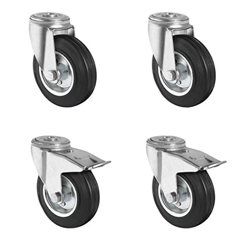 CASCOO SETHBBB080SWS4R0N Rollensatz 2 Rückenlochlenkrollen-, 2 mit Feststeller, Stahlfelge, Vollgummi, Durchmesser 80 mm, Transportrollen, Rollenlager, Traglast 210 kg (4-er Pack) von CASCOO