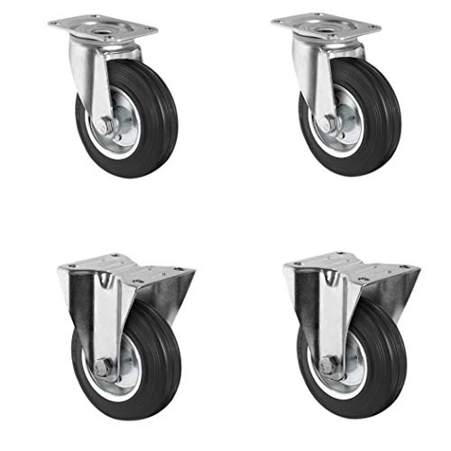 CASCOO SETSBFB100SWS4R0N Rollensatz 2 Lenkrollen, 2 Bockrollen, Stahlfelge, Vollgummi, Durchmesser 100 mm, Transportrollen, Rollenlager, Traglast 225 kg (4-er Pack) von CASCOO