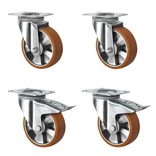 CASCOO SETSHTH160BAU5D0N Rollensatz 2 Lenkrollen-, 2 mit Feststeller, Aluminiumfelge, Polyurethan, Durchmesser 160 mm, Schwerlast, Doppelkugellager, Traglast 1500 kg (4-er Pack) von CASCOO