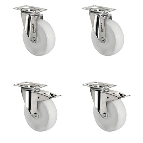 CASCOO SETSITI080N0N0L0N Rollensatz 2 Lenkrollen-, 2 mit Feststeller, Polyamid, Edelstahl, Durchmesser 80 mm, Transportrollen, Gleitlager, INOX, Traglast 390 kg (4-er Pack) von CASCOO
