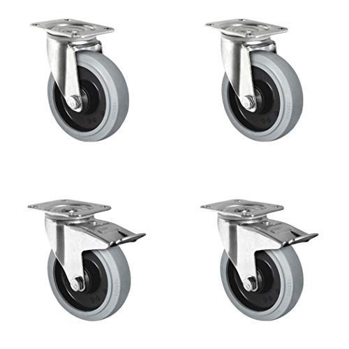 CASCOO SETSPTP125R4E2B34 Rollensatz 2 Lenkrollen-, 2 mit Feststeller, Polyamid, Elastik grau, Gummi, Durchmesser 125 mm, Kugellager, Transportrollen, Traglast 600 kg (4-er Pack) von CASCOO