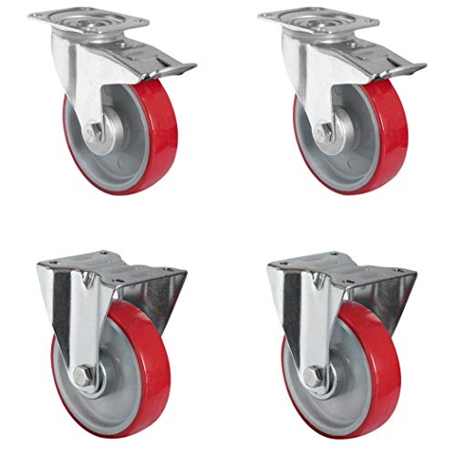 CASCOO SETTBFB100N2U6R1W Rollensatz 2 Lenkrollen mit Feststeller, 2 Bockrollen, Polyamid, Polyurethan, Durchmesser 100 mm, Rollenlager,Transportrollen, Traglast 450 kg (4-er Pack) von CASCOO