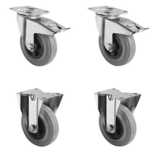CASCOO SETTBFB100P4R2R0N Rollensatz 2 Lenkrollen mit Feststeller, 2 Bockrollen, Polypropylen, Vollgummi, Durchmesser 100 mm, Transportrollen, Rollenlager, Traglast 225 kg (4-er Pack) von CASCOO