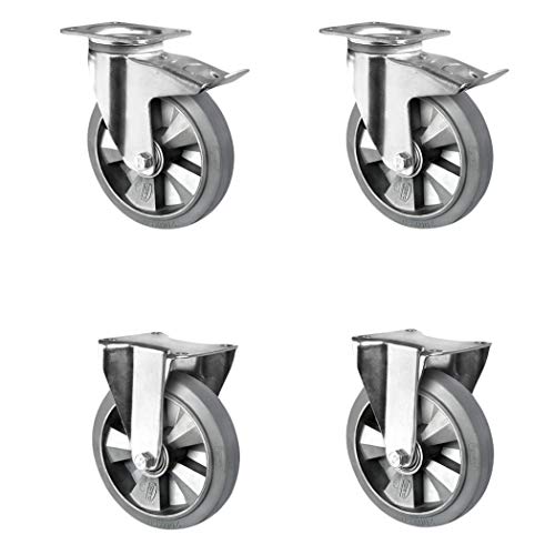 CASCOO SETTHFH200BAF2D0N Rollensatz 2 Lenkrollen mit Feststeller, 2 Bockrollen, Aluminiumfelge, Elastik, Durchmesser 200 mm, Schwerlast, Doppelkugellager, Traglast 1350 kg (4-er Pack) von CASCOO