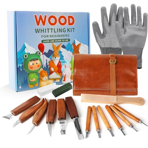 CASDUCT 17 teiliges Holz Schnitzwerkzeug Set Holzschnitzerei Set, ausgestattet mit 6 großen Holzschnitzermessern, 6 Detail Messern, Schutzhandschuhen und PU Tasche,Geschenke zum Vatertag von CASDUCT
