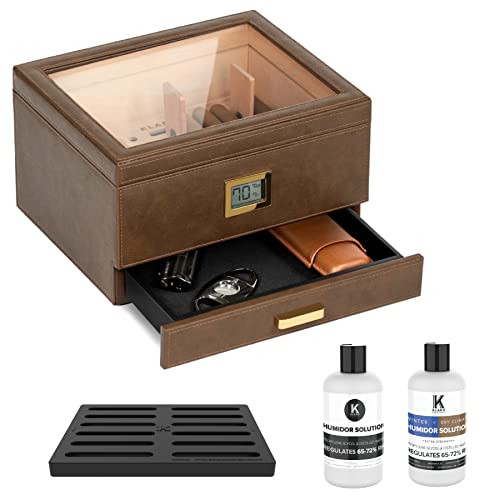 CASE ELEGANCE Belmont Glass Top Humidor Premium Vegan Leather, Front Digital Hygrometer, Spanish Cedar, Humidor Solution, Hydro System- Hält (30-60 Zigarren)-Lederumwickelt (Belmont) von CASE ELEGANCE