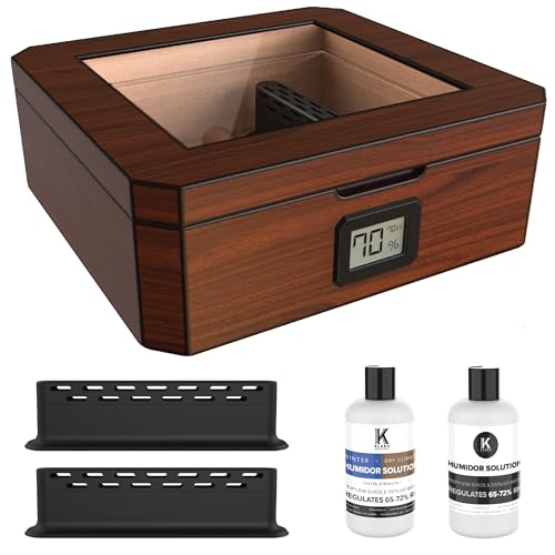CASE ELEGANCE MAG Desktop-Humidor, Walnuss-Finish, fasst 20–30 Zigarren, Glasplatte mit Magnetverschluss, achteckige Form, digitales Hygrometer, spanisches Zedernbraun von CASE ELEGANCE