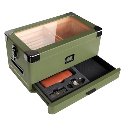 Case Elegance Klaro Military Glass Top Humidor, Matte Green mit digitalem Hygrometer, Spanish Cedar, Humidor Solution, Hydro System und Accessory Foam Drawer – Holds (70 – 100 Zigarren) von CASE ELEGANCE
