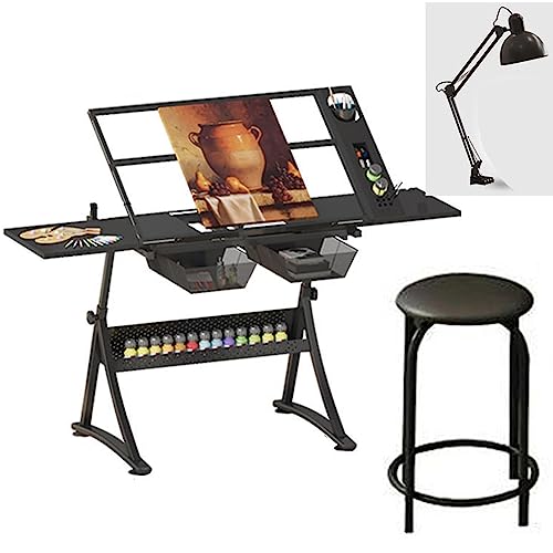 Acryl Doppelplatte Maltisch Winkel höhenverstellbar Hebestuetzt Studio Classroom Home Multifunktionaler Maltisch (basic+lamp+chair) von CASEGO