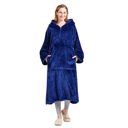 CASOFU Decke mit Ärmeln und Kapuze Hoodie Decke Damen Herren XXL Kuscheldecke mit Ärmeln Lang Deckenpullover zum Anziehen Erwachsene Tragbare Decke Dunkelblau Wearable Blanket mit Tasche Reissverscluß von CASOFU