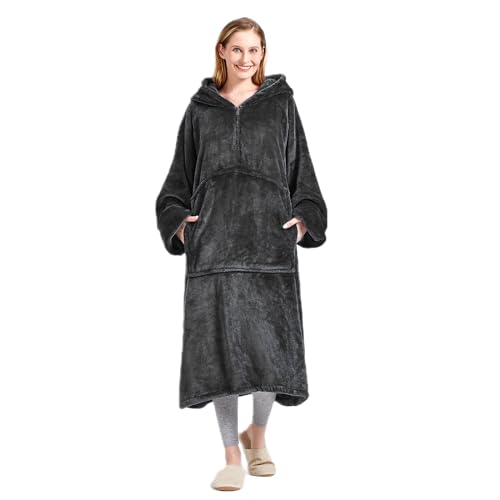 CASOFU Decke mit Ärmeln und Kapuze Hoodie, Damen Herren XXL Kuscheldecke Lang Deckenpullover zum Anziehen Erwachsene Tragbare, Dunkelgrau Wearable Blanket mit Tasche Reissverscluß von CASOFU