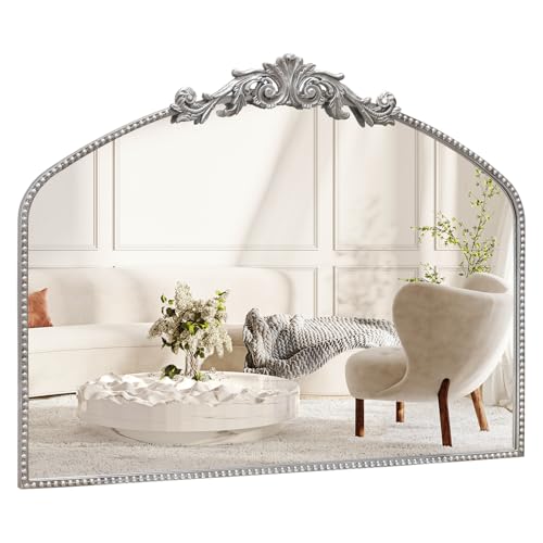 CASOLLY Wandspiegel, antiker silberfarbener Bogen, 101,6 x 78,7 cm, Vintage-Kaminspiegel mit kunstvollem Metallrahmen, Barock-viktorianischer Spiegel für Kamin/Eingang/Badezimmer/Wohnzimmer/Flur von CASOLLY