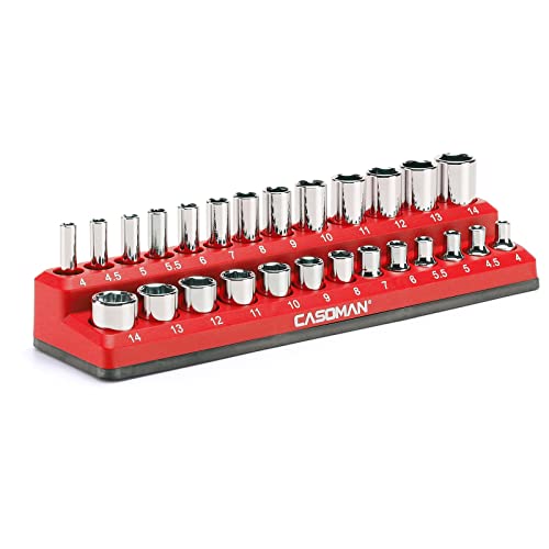CASOMAN 1/4 Zoll magnetischer Steckschlüssel-Organizer, für 26 metrische Steckschlüssel, rote Farbe, magnetische Steckdosen-Organizer-Ablage von CASOMAN