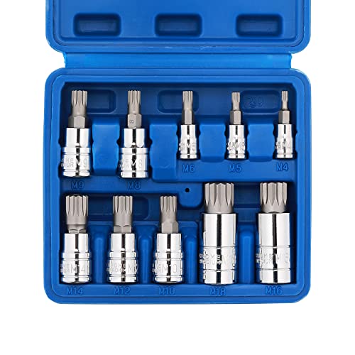 CASOMAN 10PCS 1/4-Inch, 3/8-Inch & 1/2-Inch Drive XZN Triple Square Spline Bit Socket Set, M4-M18, 12 Point Tamper Proof, Cr-V Sockets and S2 Steel Bits von CASOMAN