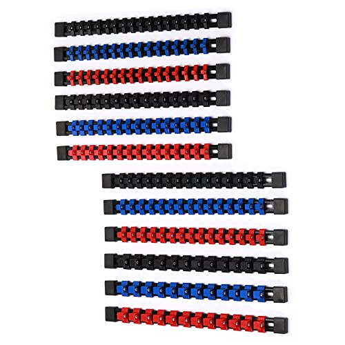 CASOMAN 12PC ABS Socket Organizer, Premium Quality Socket Holders,1/4-Inch x 48 Clips, 3/8-Inch x 90 Clips, 1/2-Inch x 36 Clips, Blue & Red & Black von CASOMAN