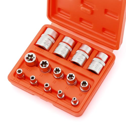 CASOMAN 14 Pieces Female E-TORX Star Socket Set, Female External Star Socket Set, E4 - E24 Torque Socket Set, 1/4"Dr. 3/8"Dr. 1/2"Dr. von CASOMAN