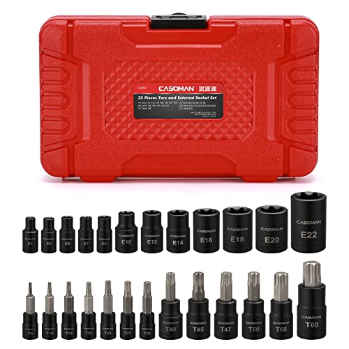 CASOMAN 25 Piece Torx Bit Socket and Female External Socket Set, 13 Star Socket Bits (T8- T60)& 12 Female E-Torx Sockets (E4-E22) von CASOMAN