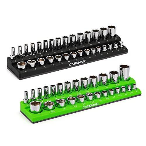 CASOMAN 2PCS 3/8-Inch Magnetic Socket Organizer, Holds 30 Metric & 26 SAE Sockets, Black & Green, Magnetic Socket Holder von CASOMAN