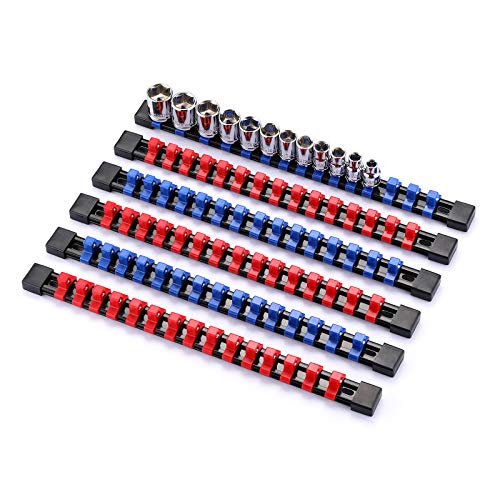 CASOMAN 6 Pieces 3/8" Drive Socket Organizer Rails, SAE And Metric Socket Holder Rail, Red & Blue Premium Quality Socket Holder, Mountable Sliding Tray Rack Tool Rail Holder, For 3/8-inch Socket Only von CASOMAN