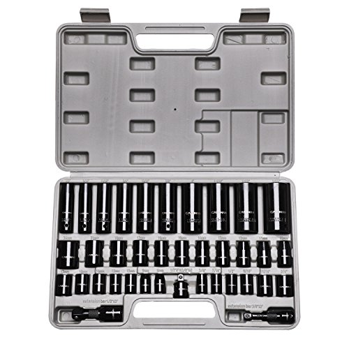 CASOMAN Komplettes 3/8" und 1/2" Antriebs-Schlag-Steckschlüssel-Set, Zoll (SAE) /Metrisch, Cr-V, 6-kant, 3/8" - 1-1/4", 8-24mm, tief & flach, 38-teiliges Schlag-Steckschlüssel-Set von CASOMAN