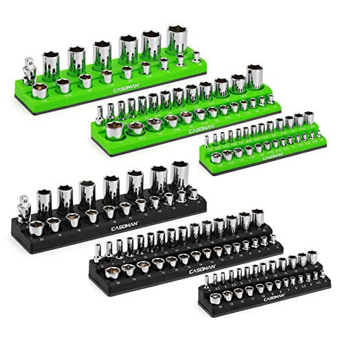 CASOMAN Magnetic Socket Organizer, 6 Piece Socket Holder Kit, 1/2-inch, 3/8-inch, 1/4-inch Drive, Holds 143 SAE&Metric Sockets, Black & Green, Professional Quality Tools Organizer von CASOMAN