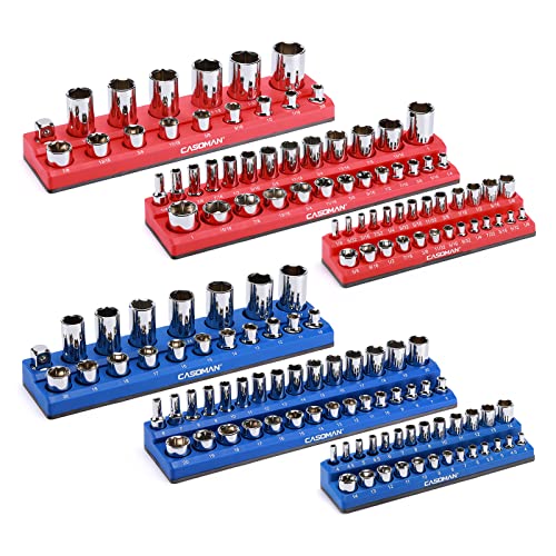 CASOMAN Magnetic Socket Organizer, 6 Piece Socket Holder Kit, 1/2-inch, 3/8-inch, 1/4-inch Drive, Holds 143 SAE&Metric Sockets, Red & Blue, Professional Quality Tools Organizer von CASOMAN