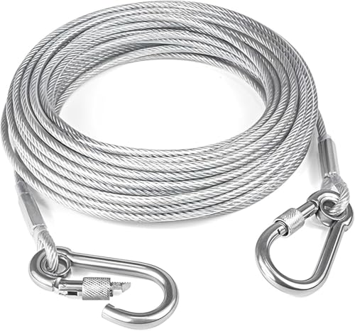 CASOME Verbesserte Schwerlast-Hundebindekabel – 15M Stahlseil-Leine, Kaubeständig & Ohne Verheddern mit 360° Drehbaren Verriegelbaren Haken für Den Außeneinsatz(15m) von CASOME