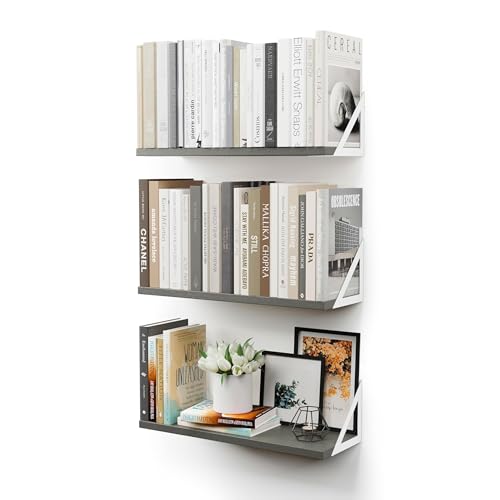 CASSA Wandmontierte Schwebende Bücherregale für Wand 3er Set, Regal Bücherregal für Schlafzimmer Wohnzimmer Büro Badezimmer Küche Rustikales Holz mit Metallhalterung (Grau) von CASSA HOME DECOR