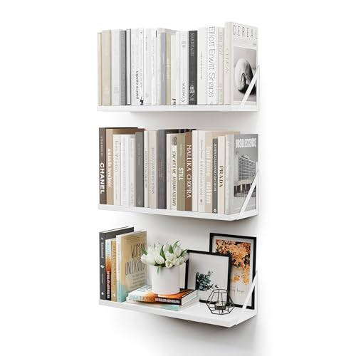 CASSA Wandmontierte schwebende Bücherregale für Wand, 3er-Set, weißes Regal, Bücherregal für Schlafzimmer, Wohnzimmer, Büro, Badezimmer, Küche, rustikales Holz mit Metallhalterung von CASSA HOME DECOR