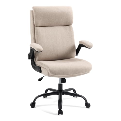CASTLOVE Ergonomischer Bürostuhl - Schreibtischstuhl mit Rückenlehne - Hochklappbare Armlehne - Hohe Rückenlehne - Höhenverstellbar - Wippfunktion (Bürostuhl Stoff Beige Max. 150 kg) von CASTLOVE