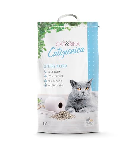 Cat&Rina Extra-absorbierendes Papier-Katzenstreu. Biologisch abbaubar und in der Toilette zu entsorgen.Staubfreies und superleichtes Katzenstreu | 12L von CAT&RINA