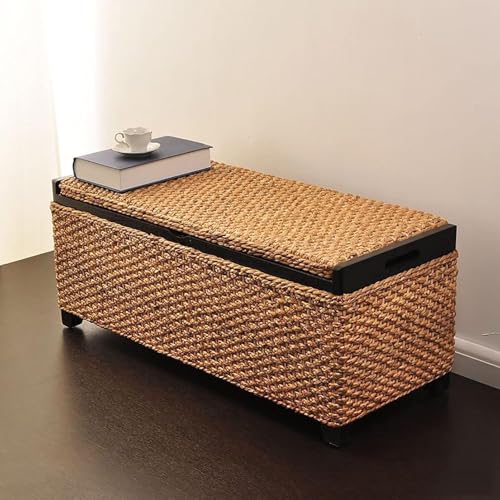 35 Zoll Korb-Sitzbank mit Stauraum,Rustikale Ottomane Fußstütze Aufbewahrungsbox,Handgewebte Rattan Multifunktions-Sitzbank Schuhbank-B 90x35x35cm(35x14x14inch) von CATANK