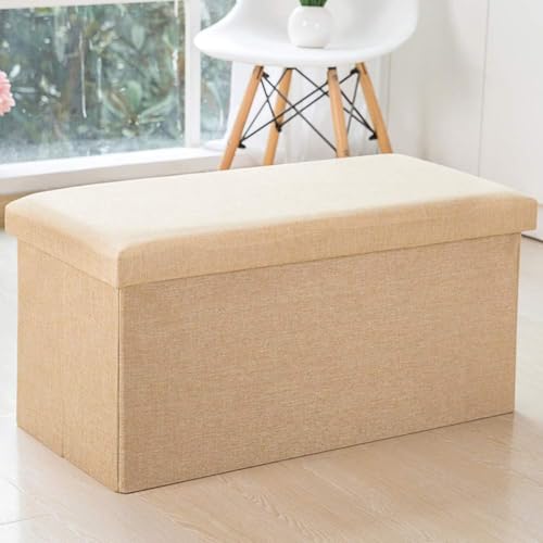 CATANK Klappbarer Stauraum Ottoman Bank Fußstütze, Spielzeugkiste Truhe Leinenähnlicher Stoff Gepolsterte Sitzbank Fußstütze Hocker Doppelt-beige 76x38x38cm(30x15x15) von CATANK