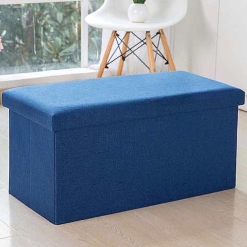 CATANK Klappbarer Stauraum Ottoman Bank Fußstütze, Spielzeugkiste Truhe Leinenähnlicher Stoff Gepolsterte Sitzbank Fußstütze Hocker Doppelt-blau 76x38x38cm(30x15x15) von CATANK