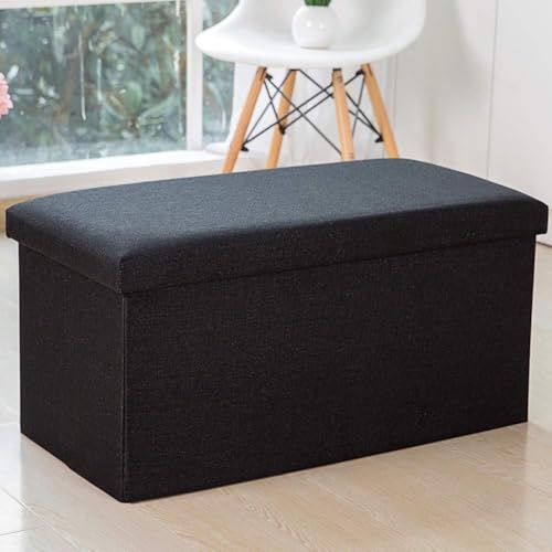 CATANK Klappbarer Stauraum Ottoman Bank Fußstütze, Spielzeugkiste Truhe Leinenähnlicher Stoff Gepolsterte Sitzbank Fußstütze Hocker Doppelt-schwarz 76x38x38cm(30x15x15) von CATANK