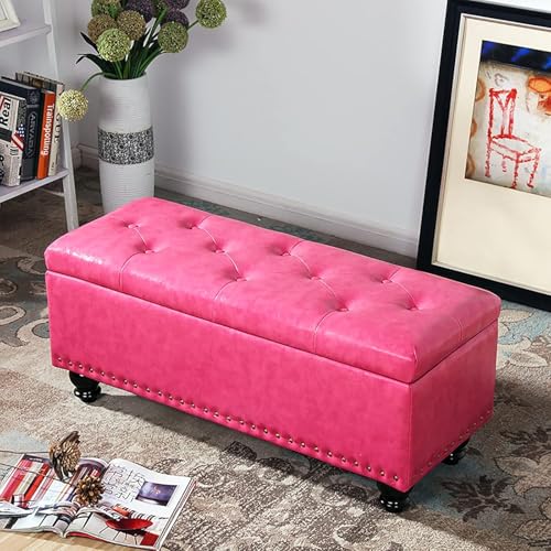 CATANK Kunstleder-Stauraum-Ottomane-Bank, Pu-Leder-Ende des Bettes Bank mit Stauraum, Modernes Zuhause Schlafzimmer Wohnzimmer Fußhocker Multifunktionsbänke-Rosa 60x40x45cm (24x16x18inch) von CATANK