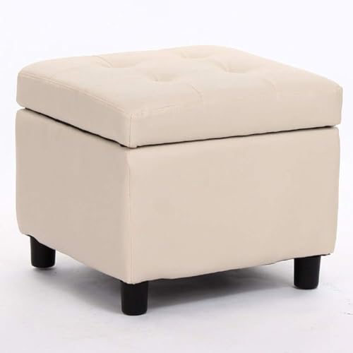 CATANK Leder Gepolsterter Würfel Pouf Ottoman, Pouffe Fußhocker Massivholz Quadratisch Leder Wohnzimmer Couchtisch Kleine Bank-Beige 45x45x38cm(18x18x15inch) von CATANK