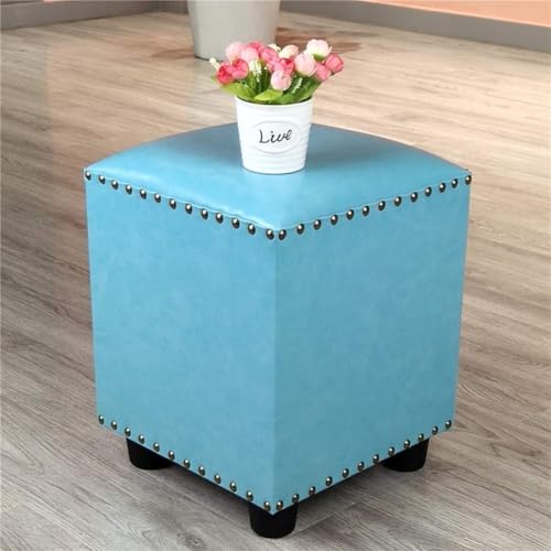 CATANK Leder Gepolsterter Würfel Pouf Ottoman, Pouffe Fußhocker Massivholz Quadratisch Leder Wohnzimmer Couchtisch Kleine Bank-Blau 30x30x40cm(12x12x16inch) von CATANK