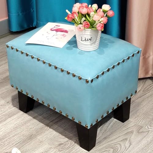 CATANK Leder Gepolsterter Würfel Pouf Ottoman, Pouffe Fußhocker Massivholz Quadratisch Leder Wohnzimmer Couchtisch Kleine Bank-Blau 36x26x30cm(14x10x12inch) von CATANK