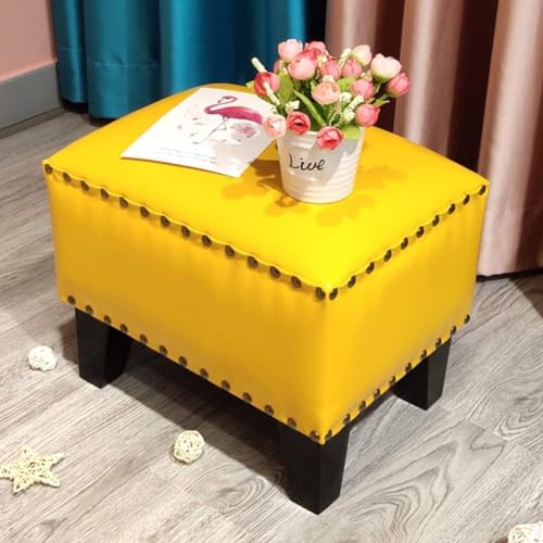 CATANK Leder Gepolsterter Würfel Pouf Ottoman, Pouffe Fußhocker Massivholz Quadratisch Leder Wohnzimmer Couchtisch Kleine Bank-Gelb 36x26x30cm(14x10x12inch) von CATANK