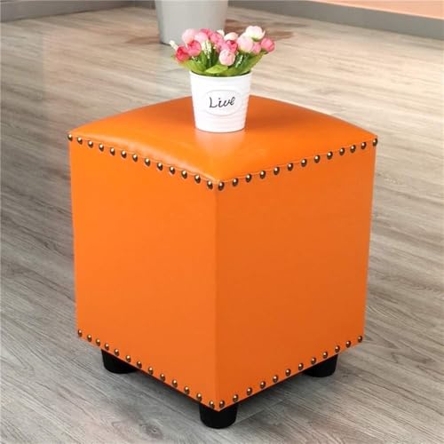 CATANK Leder Gepolsterter Würfel Pouf Ottoman, Pouffe Fußhocker Massivholz Quadratisch Leder Wohnzimmer Couchtisch Kleine Bank-Orange 30x30x40cm(12x12x16inch) von CATANK