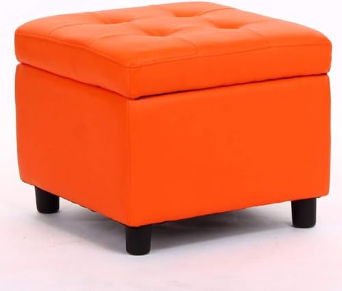 CATANK Leder Gepolsterter Würfel Pouf Ottoman, Pouffe Fußhocker Massivholz Quadratisch Leder Wohnzimmer Couchtisch Kleine Bank-Orange 45x45x38cm(18x18x15inch) von CATANK