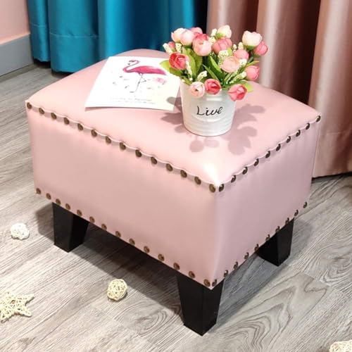 CATANK Leder Gepolsterter Würfel Pouf Ottoman, Pouffe Fußhocker Massivholz Quadratisch Leder Wohnzimmer Couchtisch Kleine Bank-Rosa 36x26x30cm(14x10x12inch) von CATANK