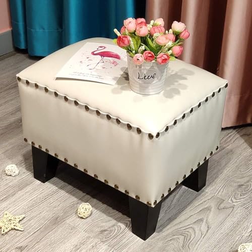 CATANK Leder Gepolsterter Würfel Pouf Ottoman, Pouffe Fußhocker Massivholz Quadratisch Leder Wohnzimmer Couchtisch Kleine Bank-Weiß 36x26x30cm(14x10x12inch) von CATANK