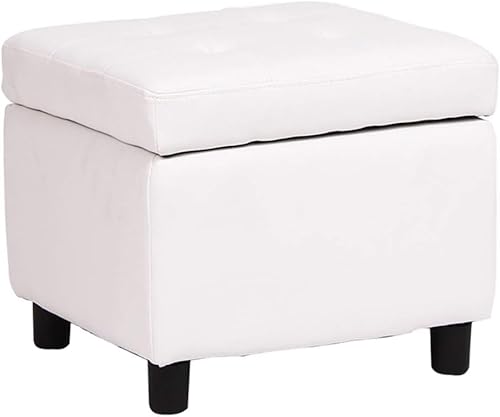 CATANK Leder Gepolsterter Würfel Pouf Ottoman, Pouffe Fußhocker Massivholz Quadratisch Leder Wohnzimmer Couchtisch Kleine Bank-Weiß 45x45x38cm(18x18x15inch) von CATANK