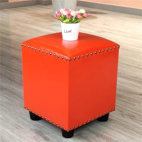 CATANK Leder Gepolsterter Würfel Pouf Ottoman, Pouffe Fußhocker Massivholz Quadratisch Leder Wohnzimmer Couchtisch Kleine Bank-rot 30x30x40cm(12x12x16inch) von CATANK