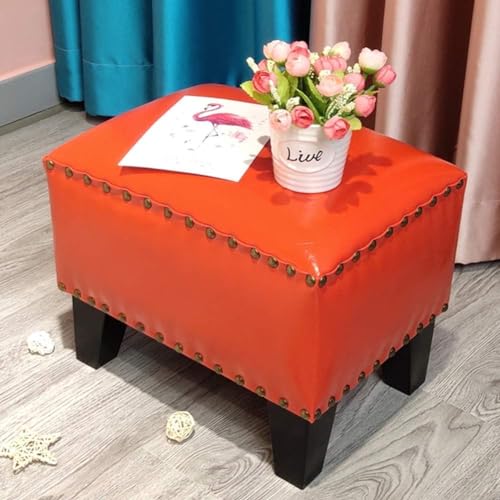 CATANK Leder Gepolsterter Würfel Pouf Ottoman, Pouffe Fußhocker Massivholz Quadratisch Leder Wohnzimmer Couchtisch Kleine Bank-rot 36x26x30cm(14x10x12inch) von CATANK